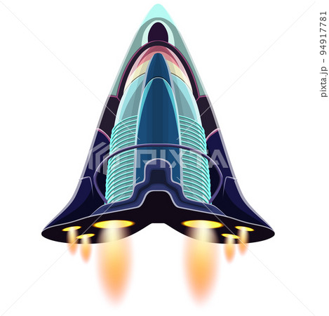 Cartoon futuristic spaceship with flame from nozzles isolated on white. Aggressive form similar fighter aircraft. Design element. 94917781
