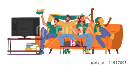Cheerful Fans Male Female Characters Wearing Sports Club Uniform Sitting on Couch Cheering for Favorite Sport Team 94917893
