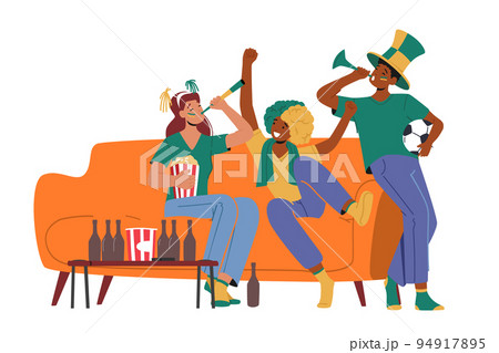 Football Supporter Fans Characters Cheering and Celebrate Watching Match Sitting on Couch at Home. Excited Friends Group 94917895
