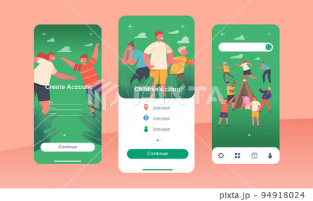 Children Camp, Outdoor Relax Mobile App Page Onboard Screen Template. Kids Characters Build Hovel of Tree Branches Children Camp, Outdoor Relax Mobile App Page Onboard Screen Template. Kids Characters Build Hovel of Tree Branches 94918024