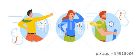 Business Characters Team Flying In Time Machine Isolated Round Icons Or Avatars. People Going To The Future Or Past 94918034