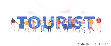 Tourists Group Excursion Concept. Young People with Backpacks and Photo Cameras Traveling. Characters Travel Abroad 94918037