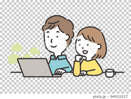 Illustration of a young couple looking into a computer with a smile Illustration of a young couple looking into a computer with a smile 94918327