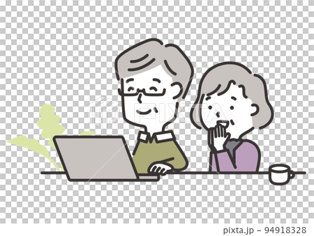 Illustration of an elderly couple looking into a computer with a smile 94918328