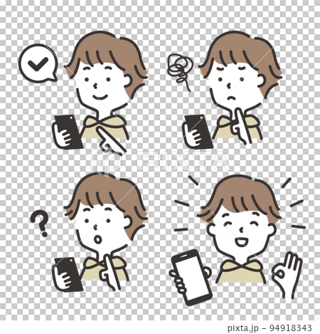 Illustration material set of a male student operating a smartphone 94918343