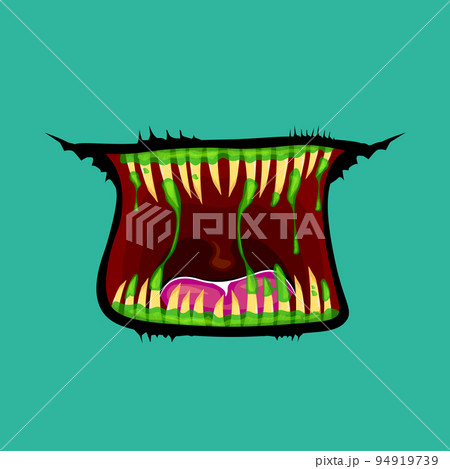 Vector cartoon funny zombie monster open mouth with drooling green slime isolated on background. Vector Halloween greeting card with funne turquoise monster mouth. Cartoon vampire and zombie fangs Vector cartoon funny zombie monster open mouth with drooling green slime isolated on background. Vector Halloween greeting card with funne turquoise monster mouth. Cartoon vampire and zombie fangs 94919739