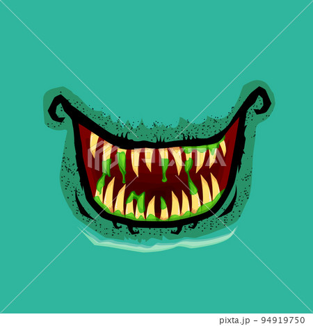 Vector cartoon funny zombie monster open mouth with drooling green slime isolated on background. Vector Halloween greeting card with funne turquoise monster mouth. Cartoon vampire and zombie fangs Vector cartoon funny zombie monster open mouth with drooling green slime isolated on background. Vector Halloween greeting card with funne turquoise monster mouth. Cartoon vampire and zombie fangs 94919750