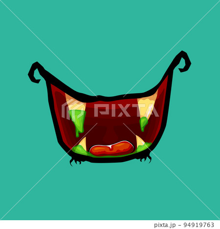 Vector cartoon funny zombie monster open mouth with drooling green slime isolated on background. Vector Halloween greeting card with funne turquoise monster mouth. Cartoon vampire and zombie fangs 94919763