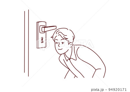 Suspicious man look in door hole 94920171