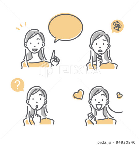 若い女性の表情セット　シンプルでお洒落な線画イラスト 94920840