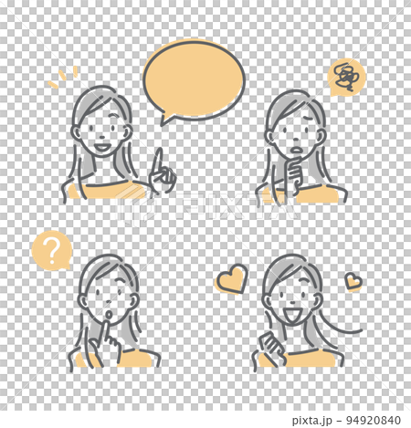 若い女性の表情セット　シンプルでお洒落な線画イラスト 94920840