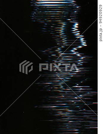 Distressed screen. Old film. Glitch texture. Blue orange white color noise dust scratches on dark black grunge abstract illustration background. 94920929