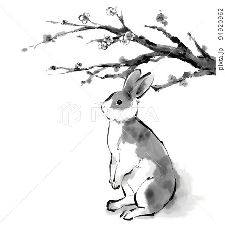 うさぎと梅の木の水墨画イラスト モノクロ 卯年 兎 梅 年賀状の うさぎと梅の木の水墨画イラスト モノクロ 卯年 兎 梅 年賀状の