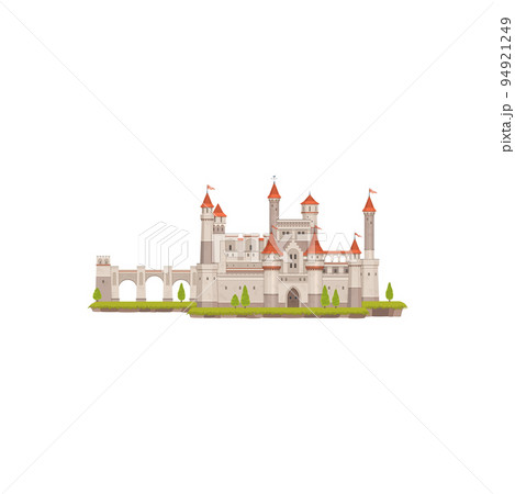 Royal fortress of prince princess, medieval castle isolated cartoon building landscape. Vector medieval palace with towers, gates and flag. Royal fortress of prince princess, fantasy fort with bridge Royal fortress of prince princess, medieval castle isolated cartoon building landscape. Vector medieval palace with towers, gates and flag. Royal fortress of prince princess, fantasy fort with bridge 94921249