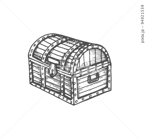 Closed chest of gold, magic mystery jewelry case isolated monochrome sketch icon, gui game design element. Treasures of pirates, container with lock, wood crate symbol of wealth, antique trunk Closed chest of gold, magic mystery jewelry case isolated monochrome sketch icon, gui game design element. Treasures of pirates, container with lock, wood crate symbol of wealth, antique trunk 94921539