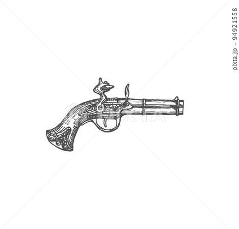 Musket gun weapon of pirates isolated monochrome sketch icon. Vector ancient shotgun rifle with gunpowder and coupler trigger, medieval firearm antique shotgun, firelock rifle, gunnery arsenal 94921558