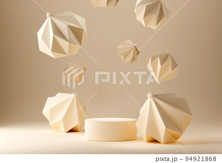 3D abstract Christmas light background with beige geometric Christmas ornaments 94921868
