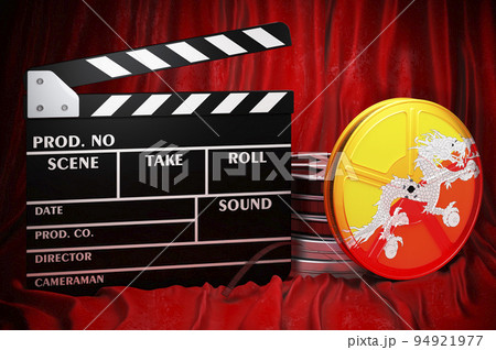 Bhutanese cinematography, film industry, cinema in Bhutan. Clapperboard with and film reels on the red fabric, 3D rendering 94921977