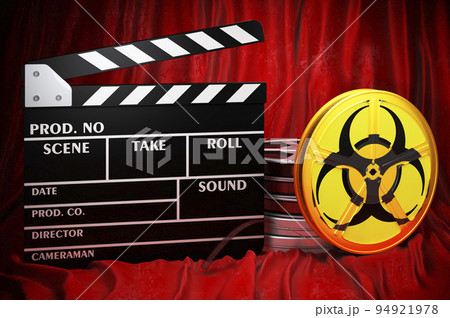 Biohazard flag with clapperboard and film reels on the red fabric, 3D rendering 94921978