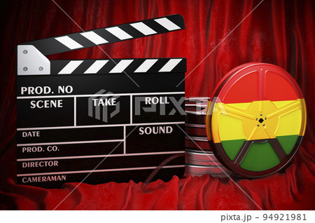 Bolivian cinematography, film industry, cinema in Bolivia. Clapperboard with and film reels on the red fabric, 3D rendering Bolivian cinematography, film industry, cinema in Bolivia. Clapperboard with and film reels on the red fabric, 3D rendering 94921981