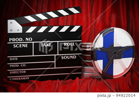 Finnish cinematography, film industry, cinema in Finland. Clapperboard with and film reels on the red fabric, 3D rendering 94922014