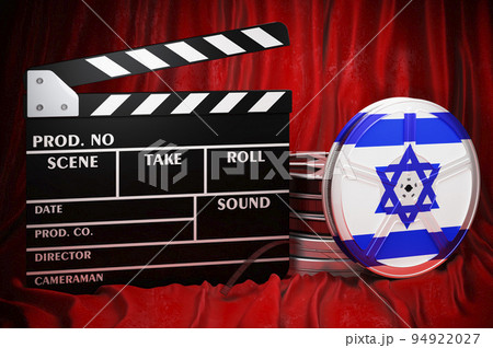 Israeli cinematography, film industry, cinema in Israel. Clapperboard with and film reels on the red fabric, 3D rendering Israeli cinematography, film industry, cinema in Israel. Clapperboard with and film reels on the red fabric, 3D rendering 94922027