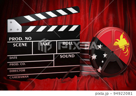 Papuan New Guinean cinematography, film industry, cinema in Papua New Guinea. Clapperboard with and film reels on the red fabric, 3D rendering Papuan New Guinean cinematography, film industry, cinema in Papua New Guinea. Clapperboard with and film reels on the red fabric, 3D rendering 94922081