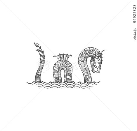 Serpent dragon, ancient aged big deep loch fin demon, mystic danger mythical depth horror isolated monochrome sketch icon. Vector retro biblic history leviathan animal, abaia fantastic fierce 94922328