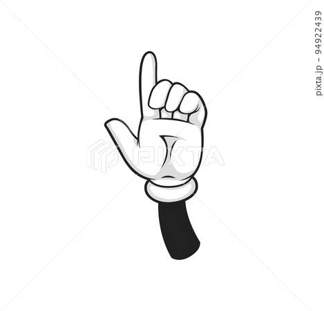 Hand in glove gesture with raised index finger up isolated cartoon glove with pointing arm palm. Vector forefinger pointer calling to look here above or on top, nonverbal communication sign Hand in glove gesture with raised index finger up isolated cartoon glove with pointing arm palm. Vector forefinger pointer calling to look here above or on top, nonverbal communication sign 94922439