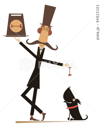 Fanny man in the top hat feeds a dog. Cartoon long mustache gentleman in the top hat holds a packet with dog food feeds a dog by bone. Isolated on white background Fanny man in the top hat feeds a dog. Cartoon long mustache gentleman in the top hat holds a packet with dog food feeds a dog by bone. Isolated on white background 94923101