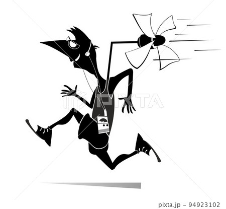 Illustration of young running man. Cartoon running man listening music on player using headphones and trying to run faster using a propeller. Isolated on white background Illustration of young running man. Cartoon running man listening music on player using headphones and trying to run faster using a propeller. Isolated on white background 94923102