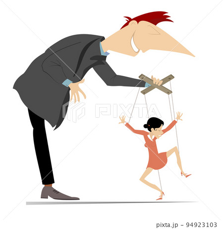 Man and puppet woman concept. Young man master controls woman like puppet by cords. Isolated on white illustration Man and puppet woman concept. Young man master controls woman like puppet by cords. Isolated on white illustration 94923103