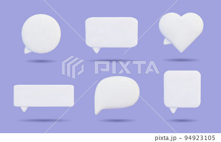 Blank white 3d speech bubbles icons set.  Cartoon message boxes of different shapes. Social networking, chatting. Realistic vector design element. 94923105