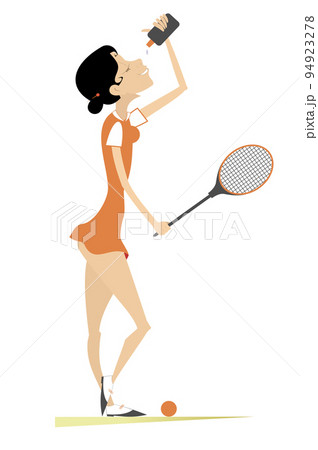 Young woman playing tennis. Illustration. Young woman with a tennis racket drinking water. Isolated on white background Young woman playing tennis. Illustration. Young woman with a tennis racket drinking water. Isolated on white background 94923278