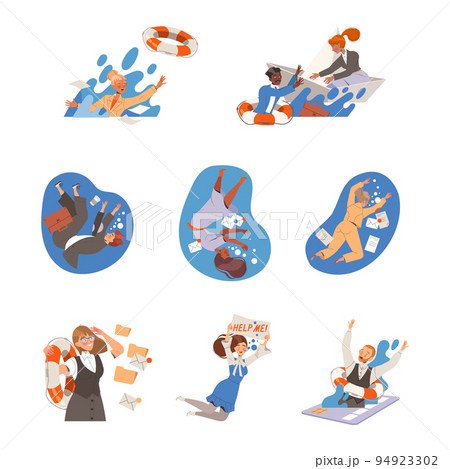 People Character in Office Clothes Drowning Trying to Escape Vector Set 94923302