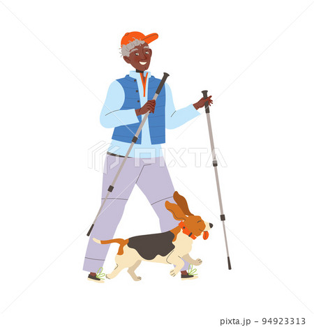 Man Pensioner Character Pole Walking with Dog Engaged in Sport Hobby Activity on Retirement Vector Illustration 94923313