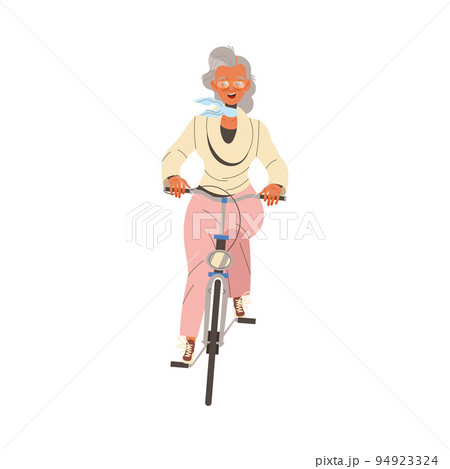 Woman Pensioner Character Riding Bicycle Engaged in Hobby Activity on Retirement Vector Illustration 94923324