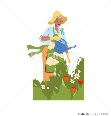 Woman Pensioner Character in Hat and Apron Watering Flowers Engaged in Gardening Hobby Activity on Retirement Vector Illustration Woman Pensioner Character in Hat and Apron Watering Flowers Engaged in Gardening Hobby Activity on Retirement Vector Illustration 94923360