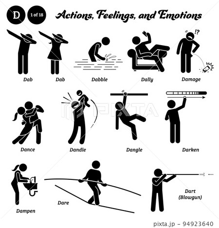 Stick figure human people man action, feelings, and emotions icons alphabet D. Dab, dabbing, dabble, dilly dally, damage, dance, dandle, dangle, darken, dampen, dare, and dart with blowgun. 94923640