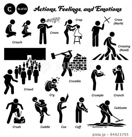 Stick figure human people man action, feelings, and emotions icons alphabet C. Crouch, croon, crop, cross, crossing, crowd, cry, crumble, crumple, crunch, crush, cuddle, cue, cuff, and cultivate. Stick figure human people man action, feelings, and emotions icons alphabet C. Crouch, croon, crop, cross, crossing, crowd, cry, crumble, crumple, crunch, crush, cuddle, cue, cuff, and cultivate. 94923705