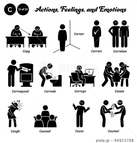 Stick figure human people man action, feelings, and emotions icons starting with alphabet C. Copy, corner, correct, correlate, correspond, corrode, corrupt, cosset, cough, counsel, count, and counter. Stick figure human people man action, feelings, and emotions icons starting with alphabet C. Copy, corner, correct, correlate, correspond, corrode, corrupt, cosset, cough, counsel, count, and counter. 94923708