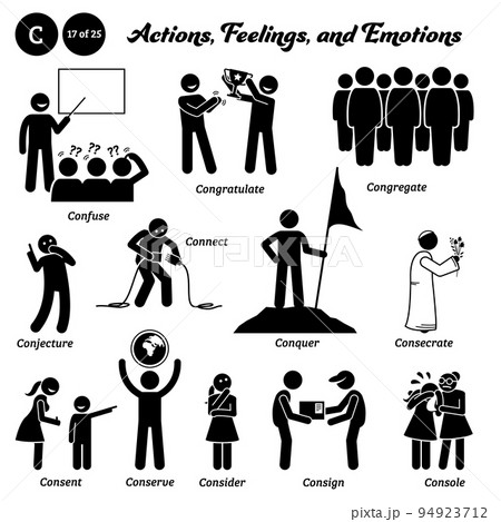 Stick figure human people man action, feelings, emotions icons alphabet C. Confuse, congratulate, congregate, conjecture, connect, conquer, consecrate, consent, conserve, consider, consign, console. 94923712