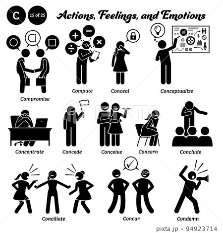Stick figure human people man action, feelings. icons alphabet C. Compromise, compute, conceal, conceptualize, concentrate, concede, conceive, concern, conclude, conciliate, concur, and condemn. 94923714
