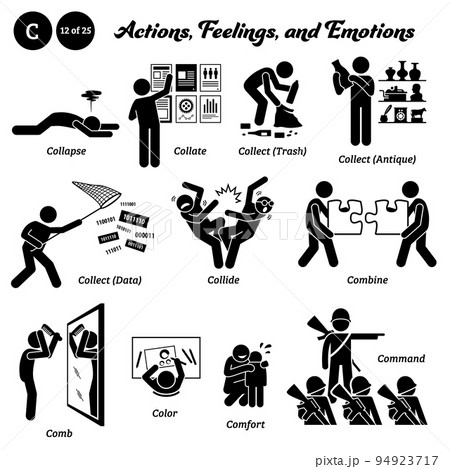 Stick figure human people man action, feelings, and emotions icons starting with alphabet C. Collapse, collate, collect trash, antique, data, collide, combine, comb hair, coloring, comfort, command. 94923717