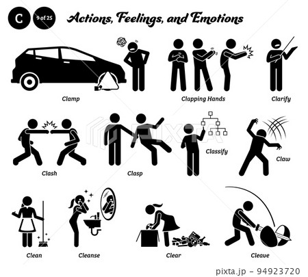 Stick figure human people man action, feelings, and emotions icons starting with alphabet C. Clamp, clapping hands, clarify, clash, clasp, classify, claw, clean, cleanse, clear, and cleave. Stick figure human people man action, feelings, and emotions icons starting with alphabet C. Clamp, clapping hands, clarify, clash, clasp, classify, claw, clean, cleanse, clear, and cleave. 94923720