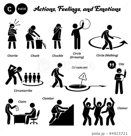 Stick figure human people man action, feelings, and emotions icons starting with alphabet C. Chortle, chuck, chuckle, circle, circumscribe, circumvent, cite, claim, clamber, and clamor. 94923721
