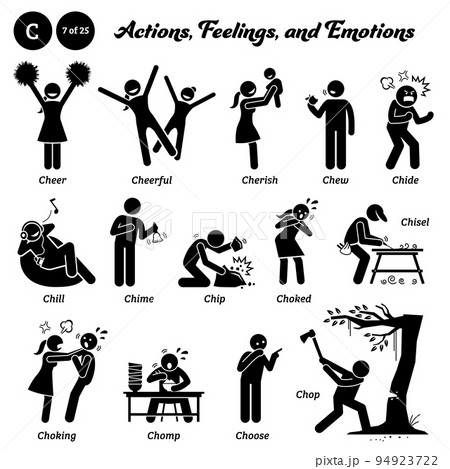 Stick figure human people man action, feelings, and emotions icons starting with alphabet C. Cheer, cheerful, cherish, chew, chide, chill, chime, chip, choked, chisel, choking, chomp, choose, and chop 94923722