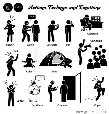 Stick figure human people man action, feelings, and emotions icons starting with alphabet C. Cackle, cajole, calculate, call, calibrate, campaign, calm, camp, cancel, cantillate, canvass, and caper. Stick figure human people man action, feelings, and emotions icons starting with alphabet C. Cackle, cajole, calculate, call, calibrate, campaign, calm, camp, cancel, cantillate, canvass, and caper. 94923861