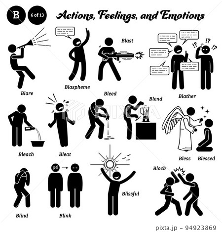 Stick figure human people man action, feelings, and emotions icons starting with alphabet B. Blare, blaspheme, blast, blather, bleach, bleat, bleed, blend, bless, blind, blink, blissful, and block. 94923869