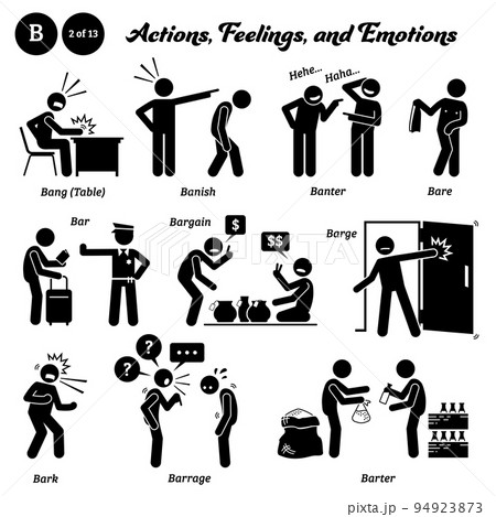 Stick figure human people man action, feelings, and emotions icons starting with alphabet B. Bang table, banish, banter, bare, bar, bargain, barge, bark, barrage, and barter. 94923873